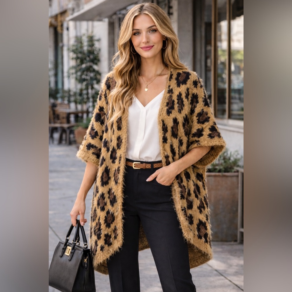 Leopard Animal Print Fuzzy Kimono Cardigan Mob Wife‎ Boho Oversized